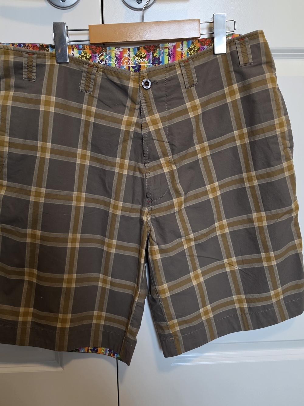 ROBERT GRAHAM LUXURY PLAID COTTON CHINO SHORTS EMBROIDERED PAISLEY SIZE 36